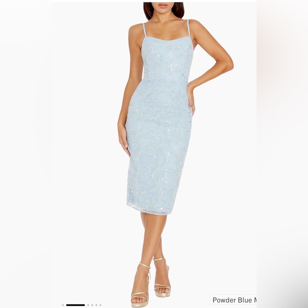 Dress the Population Light Blue Floral Midi Dress Blakey Size Small